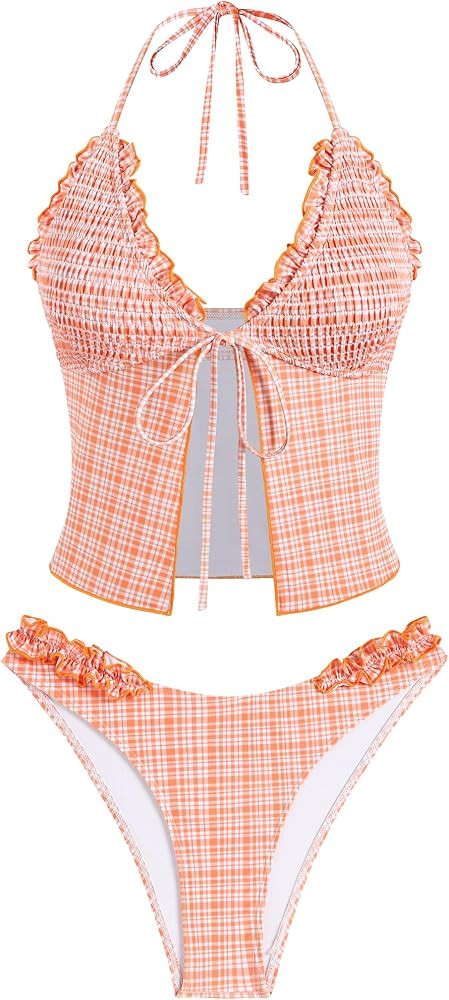 ZAFUL Tankini Swimsuits for Women Smocked Ruffles Tie Front Tummy Control | Amazon (US)