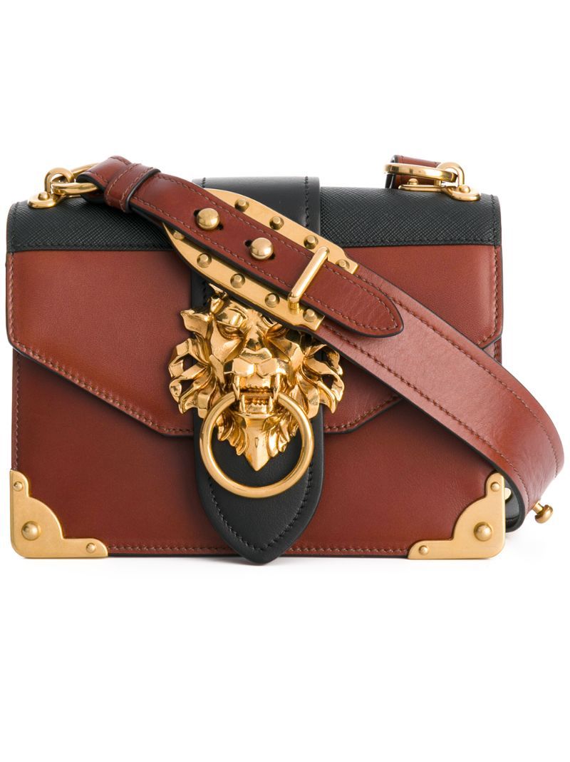 Prada - Cahier lion-embellished shoulder bag - women - Calf Leather/Metal (Other) - One Size, Brown, Calf Leather/Metal (Other) | FarFetch US