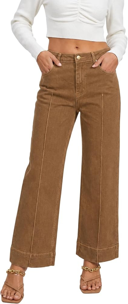VICHYIE Women Mid Rise Wide Leg Straight Cuffed Hem Jean Trouser Pant | Amazon (CA)
