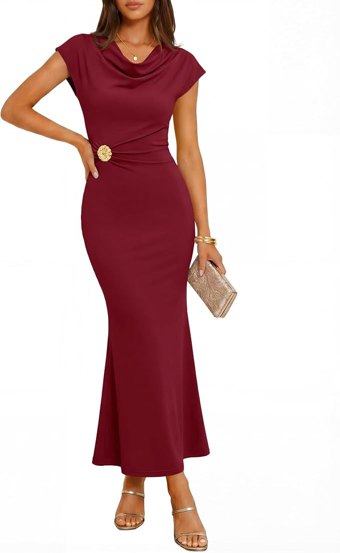ZESICA Women's Summer Cowl Neck Bodycon Dress 2026 Cap Sleeve Ruched Elegant Wedding Guest Cockta... | Amazon (US)