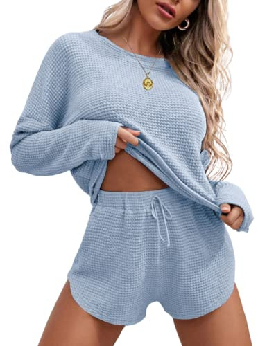 Ekouaer Womens Waffle Knit Pajama Sets Long Sleeve Top and Shorts Matching Lounge Set Loungewear ... | Amazon (US)