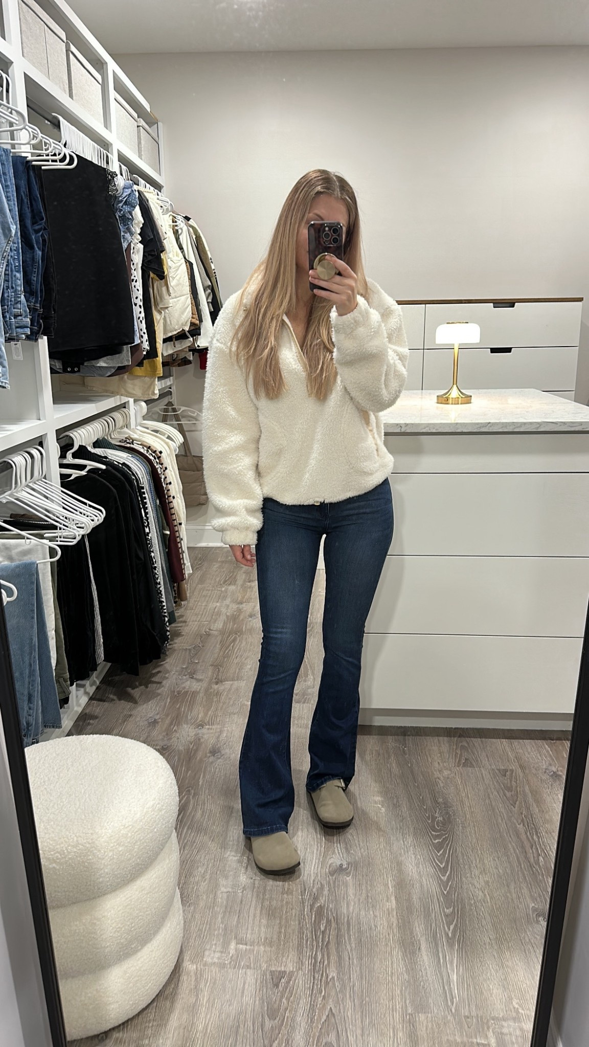 I hadn’t worn flared jeans in years and I’m digging these from buckle. Very flattering and stretchy. They feel like yoga pants. Paired them with my $10 plush Sherpa half zip pullover from Walmart and my Birkenstock inspired Boston clogs. 

#LTKSeasonal #LTKOver40 #LTKHoliday
