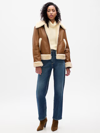 Relaxed Vegan-Leather Sherpa Bomber Jacket | Gap Factory