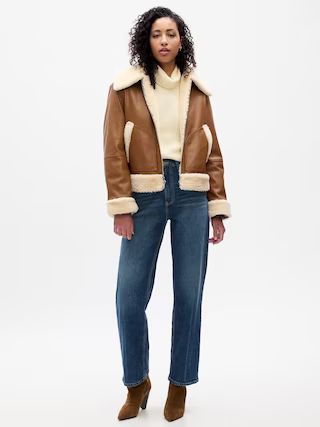 Relaxed Vegan-Leather Sherpa Bomber Jacket | Gap Factory