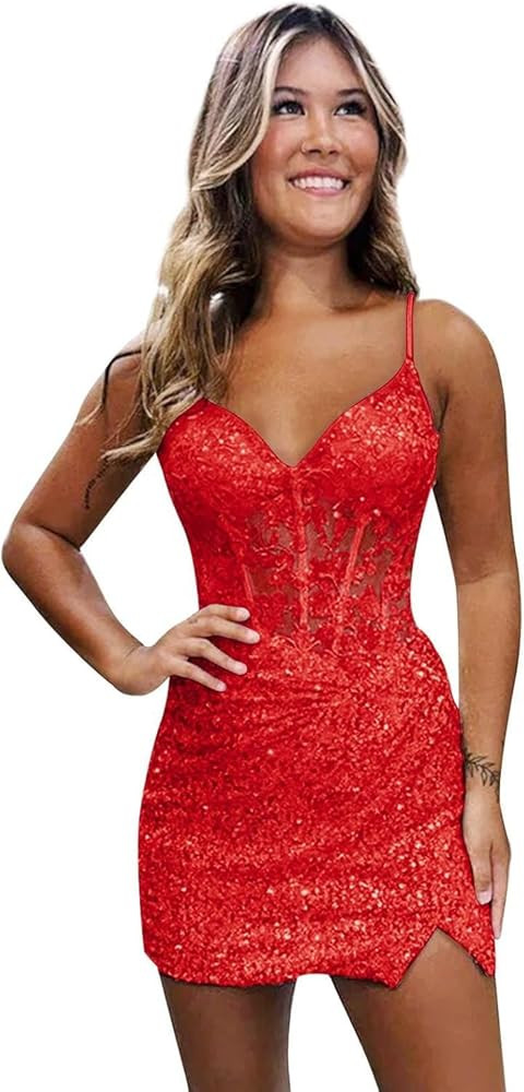 Loyeloy Short Homecoming Dresses for Teens 2025 V Neck Sparkly Sequin Applique Prom Evening Gowns | Amazon (US)