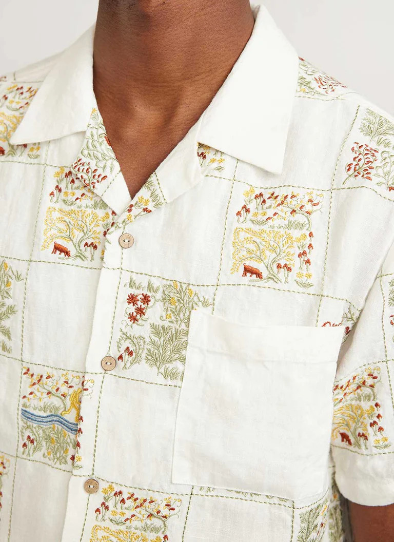 Checkerboard Cuban Shirt | Tapestry Linen | Ecru | Percival Menswear