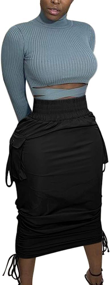 LKOUS Leather Skirts for Women PU Pearl Ruffle Asymmetrical Hem Knee Length Black Skirt Plus Size | Amazon (US)