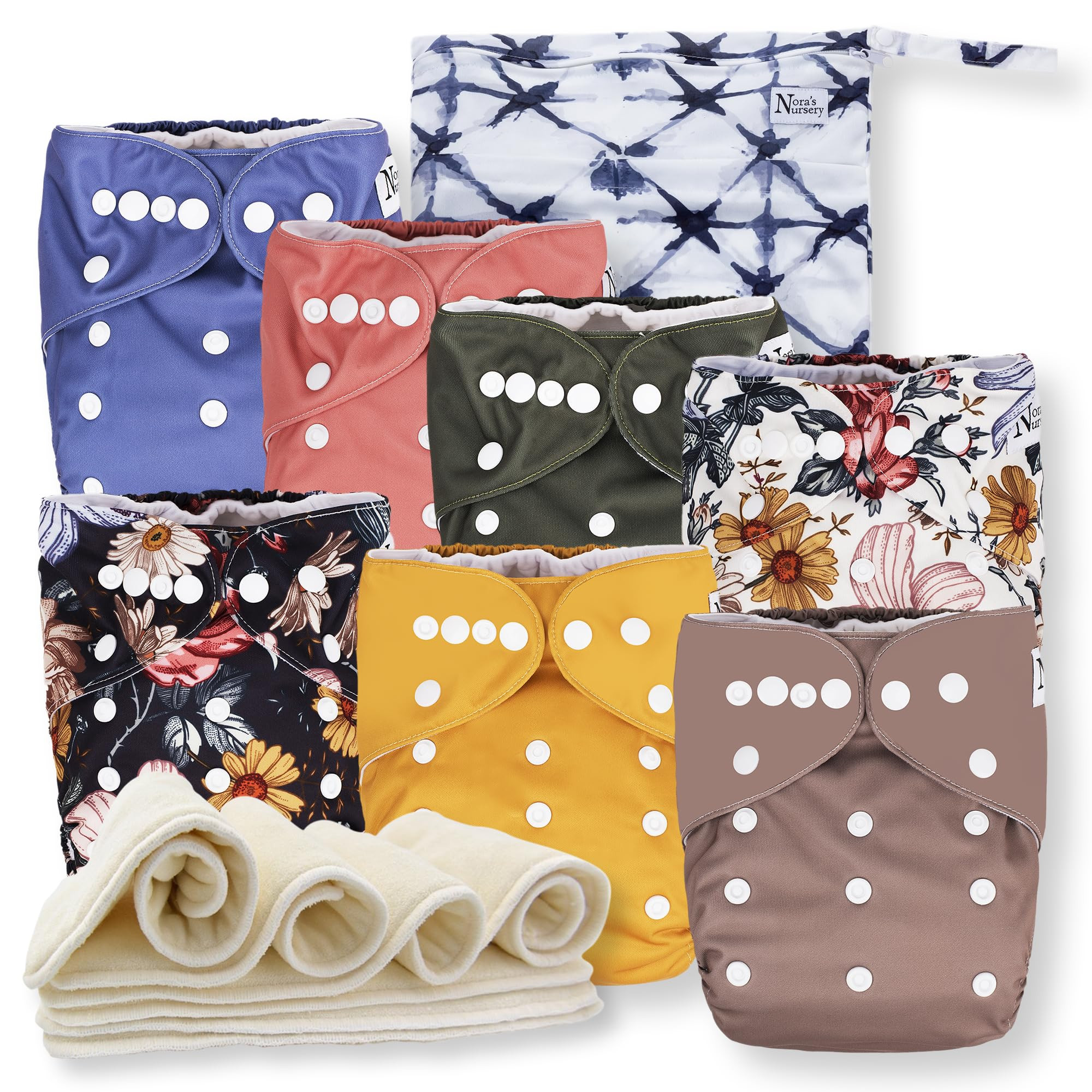 Nora's Nursery Cloth Diapers 7 Pack with 7 Inserts & 1 Wet Bag - Waterproof Cover, Washable, Reus... | Amazon (US)