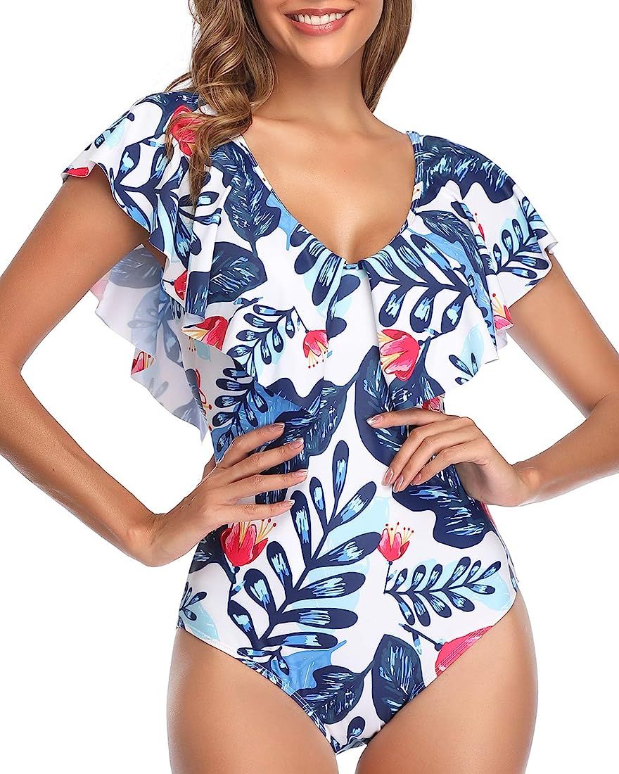 Tempt Me Women Ruffle One Piece Swimsuit Flounce Sleeve V Neck Tummy Control Bathing Suit for ... | Amazon (US)