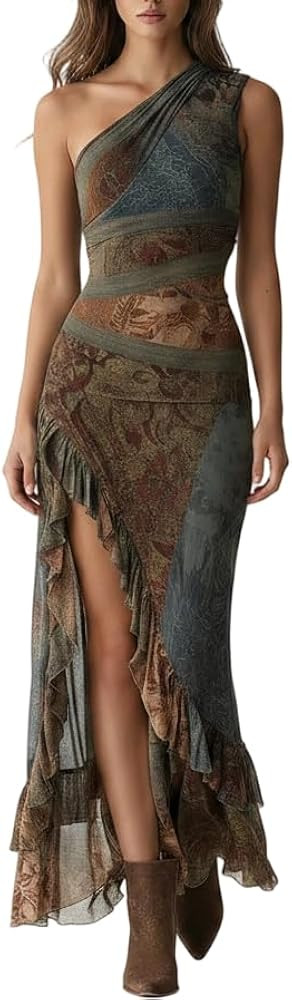 Womens Boho Maxi Dress Sexy One Shoulder Western Cowgirl Slit Ruffle Long Dresses for Country Con... | Amazon (US)