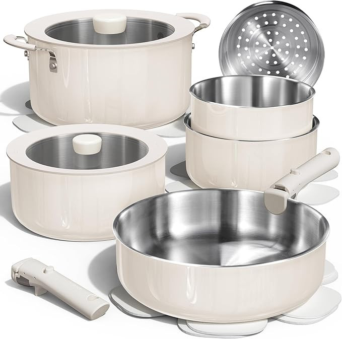 CAROTE 14pcs Pots and Pans Set, Stainless Steel Cookware Set Detachable Handle, Induction Kitchen... | Amazon (US)