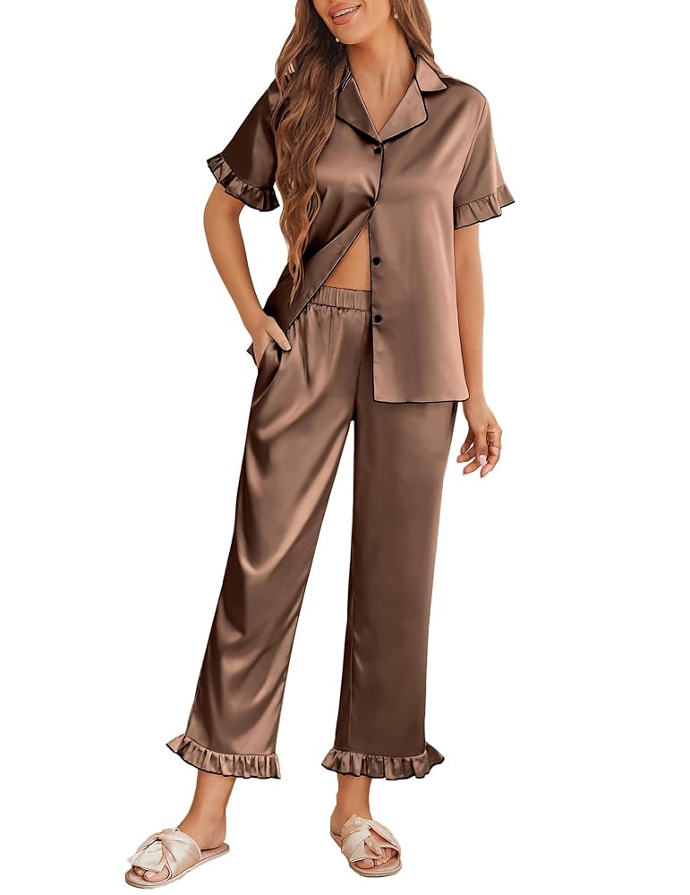 Ekouaer Silk Pajamas for Women Satin Short Sleeve Pajamas Set with Ruffle 2 Pieces Button Down To... | Amazon (US)