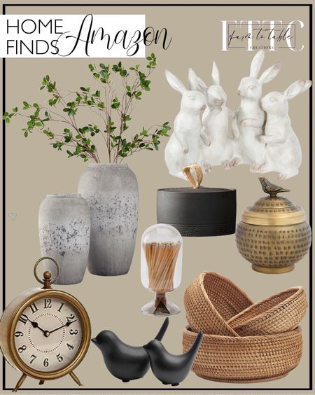 Amazon Home Finds. Follow @farmtotablecreations on Instagram for more inspiration.

Creative Co-op EC0147 Whitewashed Polyresin Bunny Rabbit Quartet Figures and Figurines, White. HANDIC 3 Pcs Faux Stems Artificial Branches for Vase Greenery Stems Faux Branches for Vase Plant Artificial Eucalytus Branches. Creative Co-Op Hammered Aluminum Sphere Lid and Bird, Antique Brass Finish Container. Signature Design by Ashley Dimitra Painted Ceramic 2 Piece Decorative Vase Set, Light Gray. Round Rattan Fruit Baskets Woven Storage Bowls Key Holder Stackable for Shelf Kitchen Tabletop Natural Set of 3. Vintage Table Clock on Stand, Decorative Desk and Shelf Clock Rustic Mantel Clock. Notakia Small Animal Statues Home Decor Modern Style Birds. Zurucily Ceramic Coffee Tea Canister Kitchen Set Ceramic Container Storage Jar Food Organization (Matte Black). Skeem Glass Match Cloche with Striker. Affordable Decor. Amazon Home Finds. Amazon Must Haves. Shelf Decor. Spring Decor  

#LTKsalealert #LTKhome #LTKfindsunder50