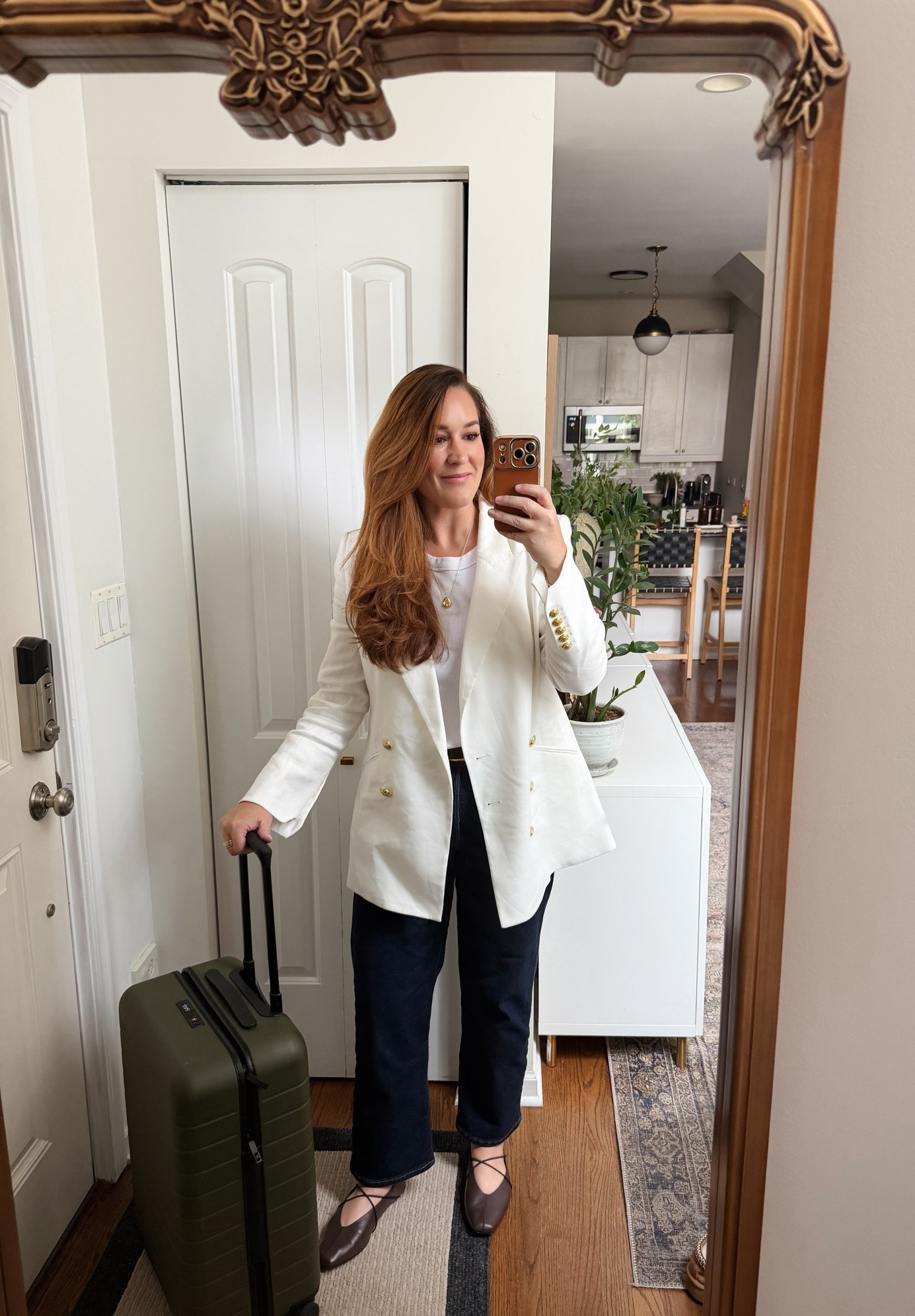 Casual work trip attire.

Double breasted white blazer – 12
Rib tank top – extra large
Dark crop straight leg jeans – 31–27
Soft white with friendly ballet flats- go up half a size for width ￼
Brown belt – 95
Carry-on suitcase ￼

#LTKMidsize #LTKTravel #LTKWorkwear