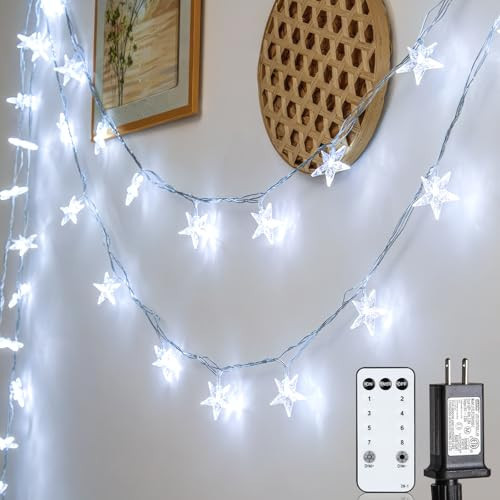 JOLYMOLY Star String Lights 59 Ft 100 LED Christmas Lights Plug in with Remote Timer 8 Modes Connectable Fairy Light for Bedroom Xmas Indoor Outdoor Decor, Cool White | Amazon (US)