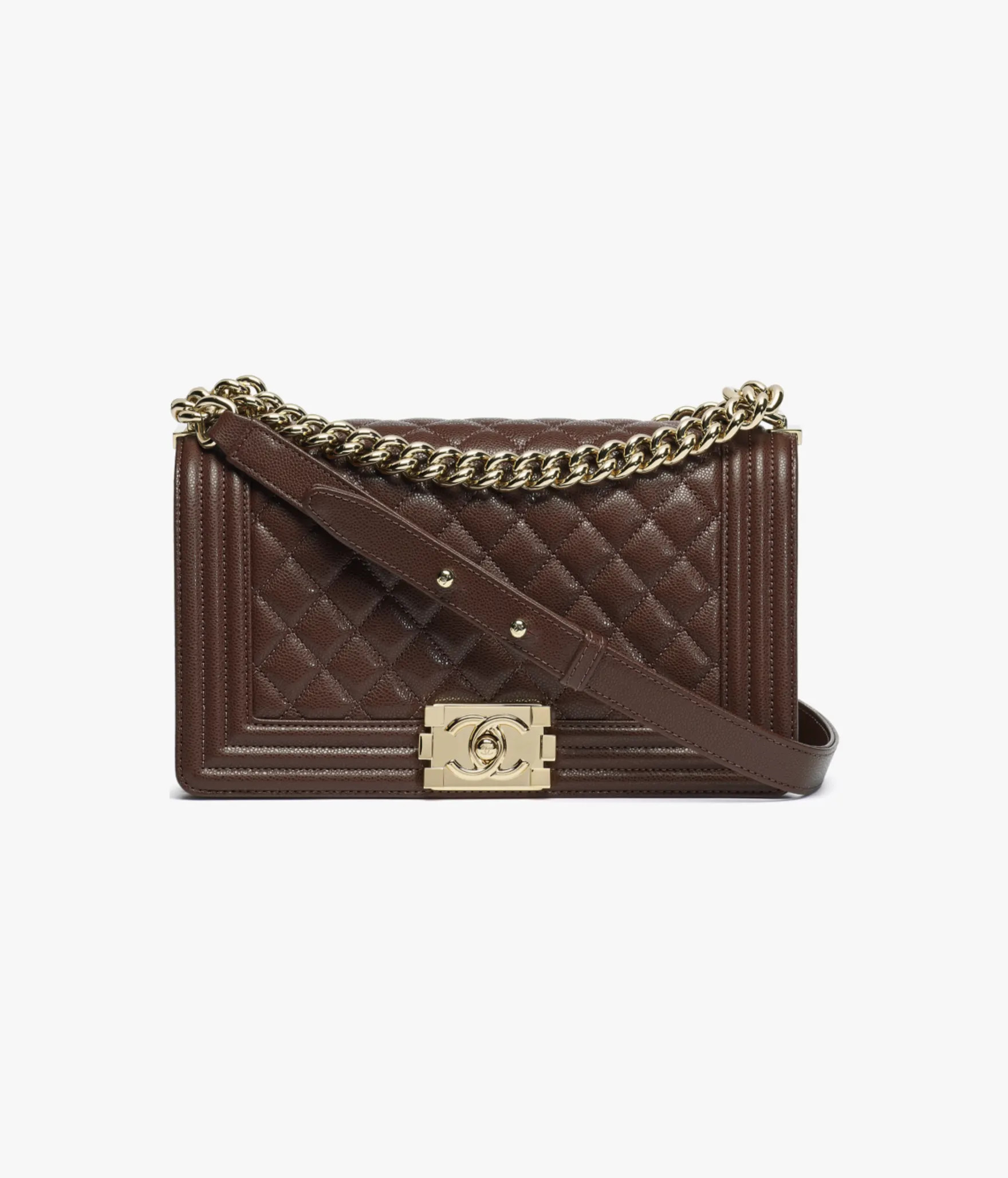 Boy chanel handbag, Grained shiny calfskin & gold-tone metal, dark brown — Fashion | CHANEL | Chanel, Inc. (US)