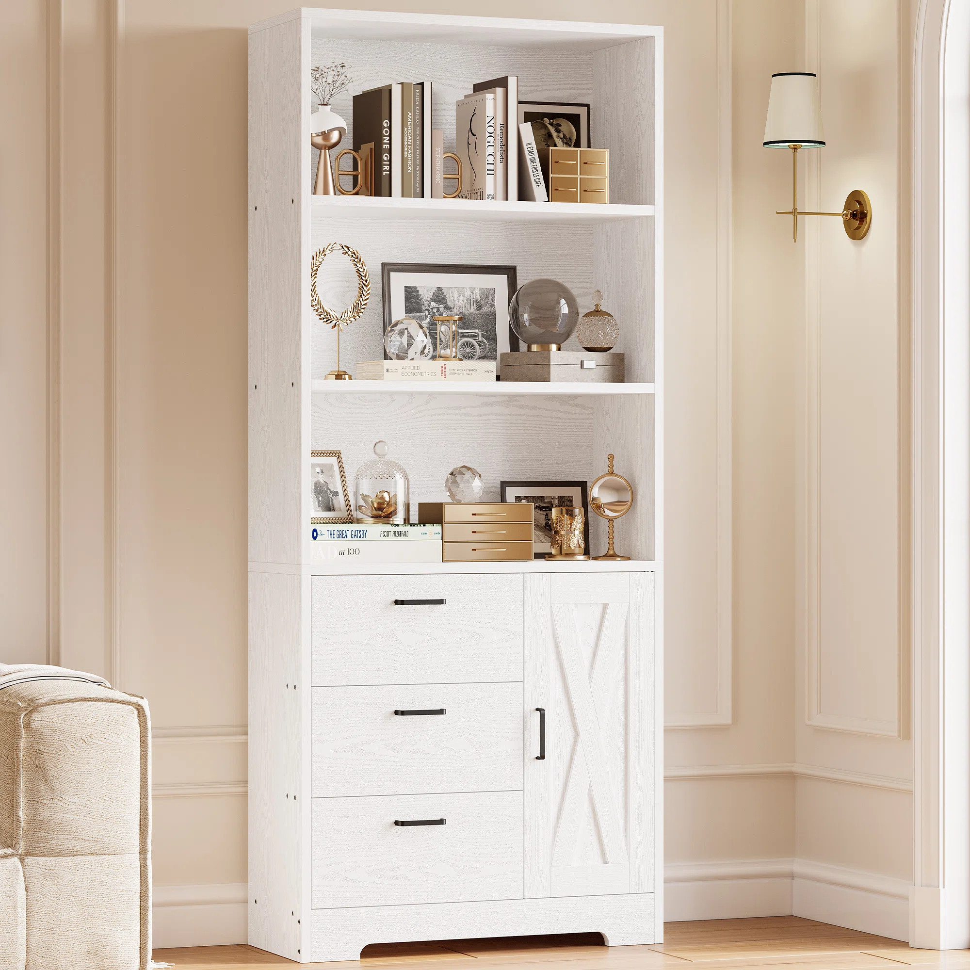 Modern Style 71" H Wooden White Bookshelf And Bookcase With Door And 3 Drawers,3-tier Open Displa... | Wayfair North America