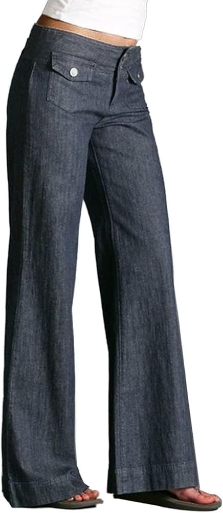 Ladies Casual Pocket Cargo Button Down Loose Jeans Dark Plus Size Pants | Amazon (US)