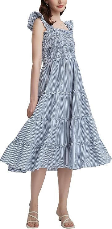 Ladyful Womens Summer Striped Midi Dress Square Neck Flowy Smocked Dress Casual Flutter Sleeve A-... | Amazon (US)