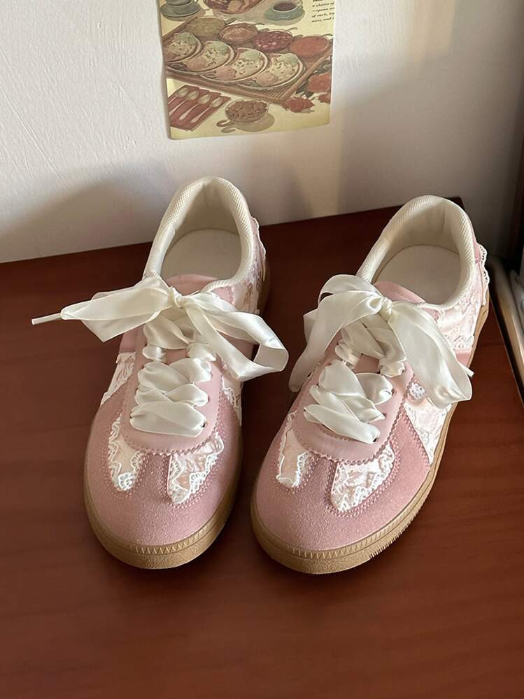 Women's New Mesh Breathable Versatile Casual Training Shoes, Ballerina Style Lace-Up Flat White Sneakers | SHEIN