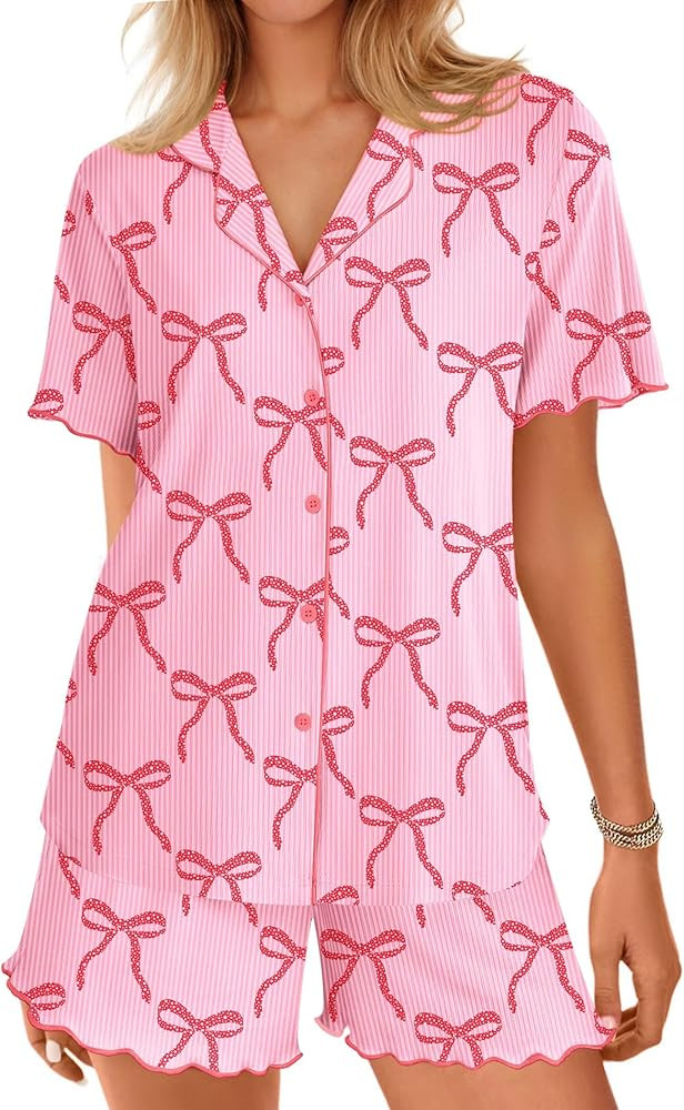 Ekouaer Button Up Pajamas Set for Women Short Sleeve Ribbed Knit Sleepwear 2 Piece Pjs Shorts Set | Amazon (US)