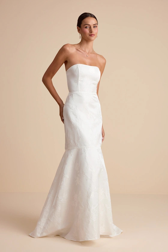 Cagney White Floral Jacquard Strapless Trumpet Maxi Dress | Lulus