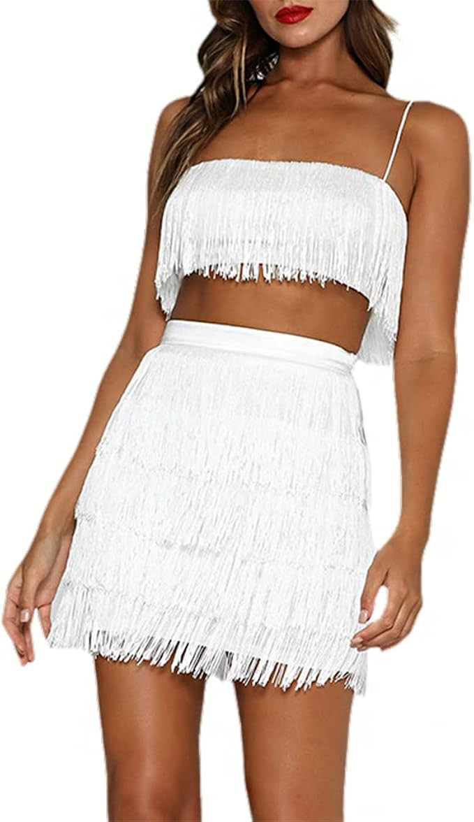 2 Piece Outfits for Women Skirt Sets Fringe Tassel Cocktail Bodycon Party Club Short Mini Dress S... | Amazon (US)