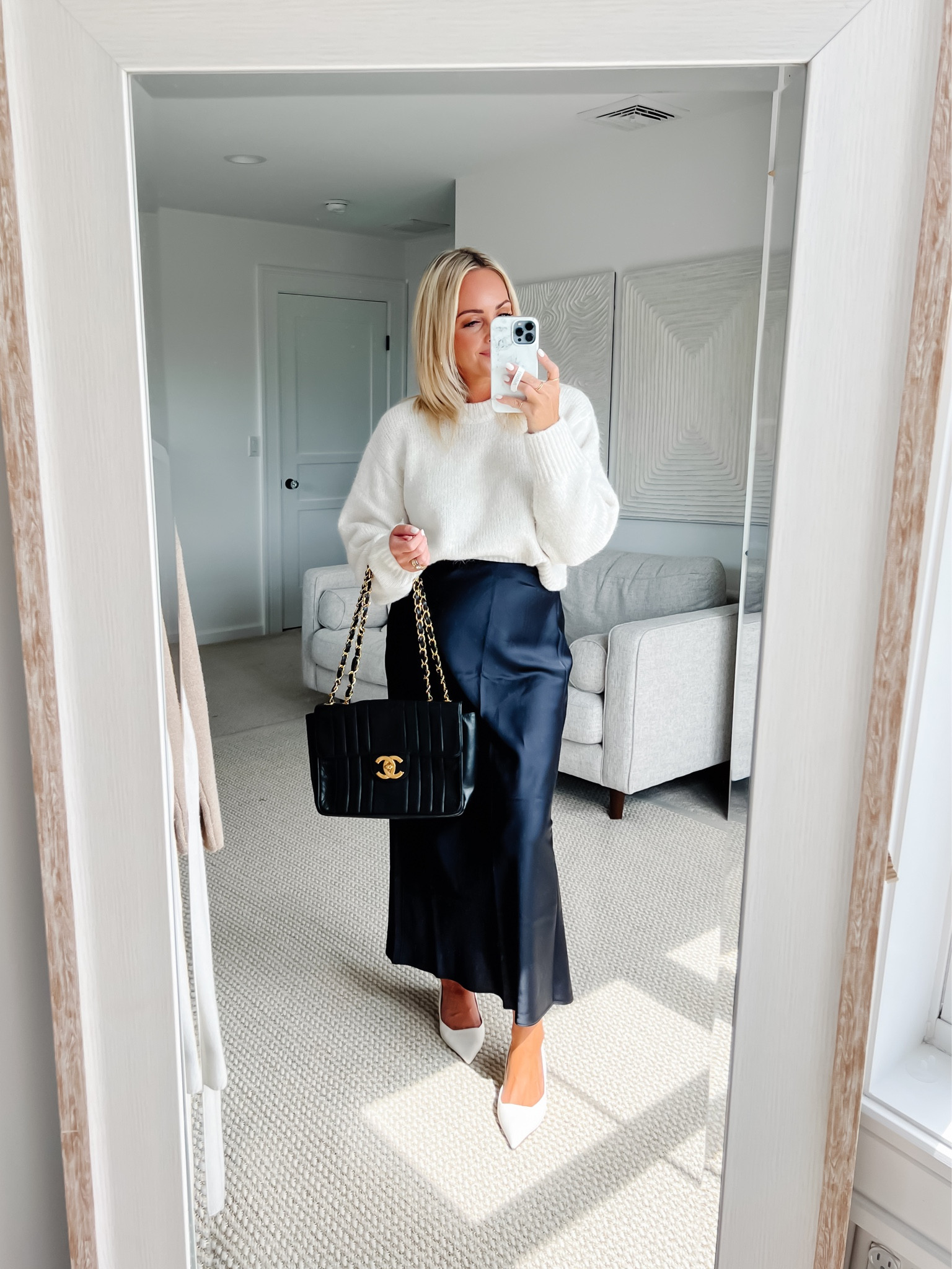 Black Satin Midi Skirt Ivory Chunky Sweater Ivory Kitten Heels Fall Styles