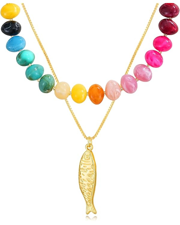 Chunky Colorful Beaded Necklace for Women Trendy Multicolor Pebble-shaped Beads Choker Gold Penda... | Amazon (US)