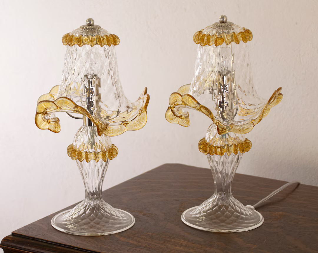 Set of 2 Clear Murano glass table lamp with amber and artistic gold leaf decoration, handmade Mad... | Etsy (US)