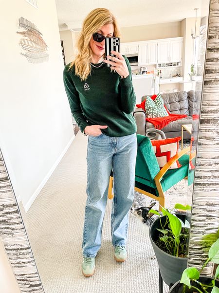 Green golf sweater, wide leg denim, and springy Adidas Sambas  

#LTKSeasonal #LTKshoecrush #LTKfindsunder100