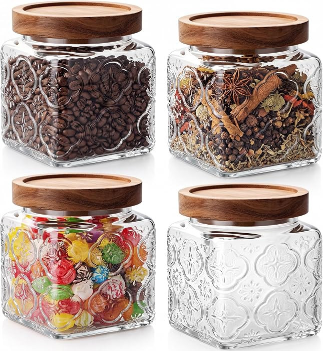 4 Pcs Vintage Glass Jar with Acacia Wood Lid 16 oz Airtight Food Storage Containers for Kitchen C... | Amazon (US)