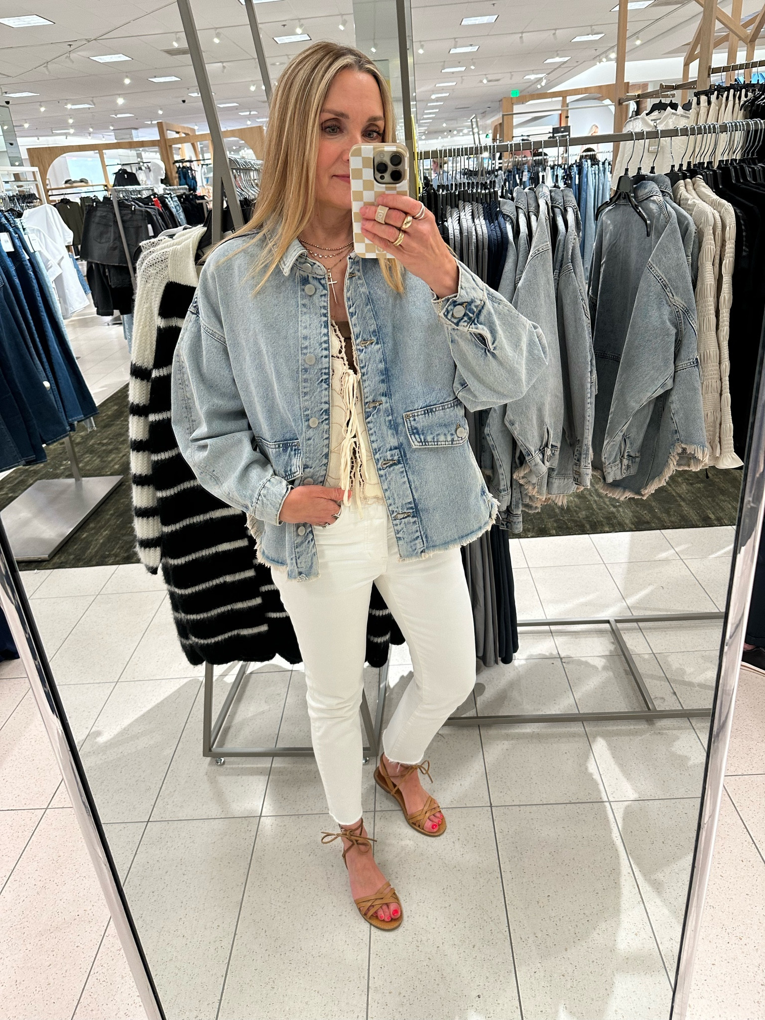 Denim shacket perfect for fall outfits! All Saints jacket with cool raw hem details. Wearing a small. Madewell perfect vintage white straight leg jeans. Work outfit  

#LTKSaleAlert #LTKOver40 #LTKxNSale