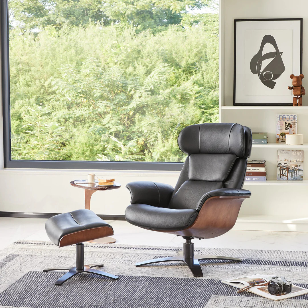 Elvin Leather Recliner & Ottoman | Modern Swivel Chair | Chita
