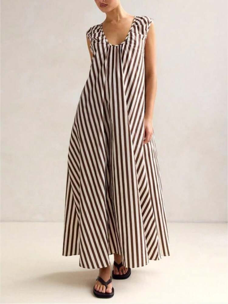 Brown Polka Dot Midi Dress Elegant Square Neck Open Back Brown And White Polka Dot Dress | SHEIN