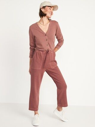Long-Sleeve Cropped French-Terry Utility Jumpsuit for Women | Old Navy (US)