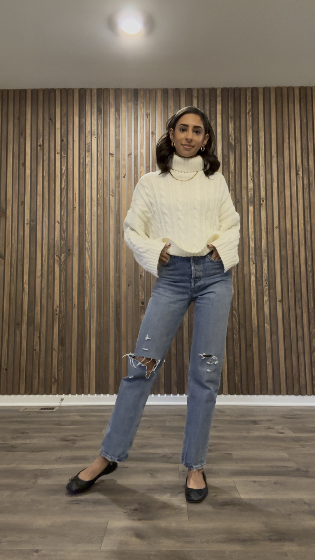 Coziest sweater - but the denim is my absolute fave❤️ pricey- worth it. This is how I love to style ballet flats. These are on sale and perfect for wide leg.