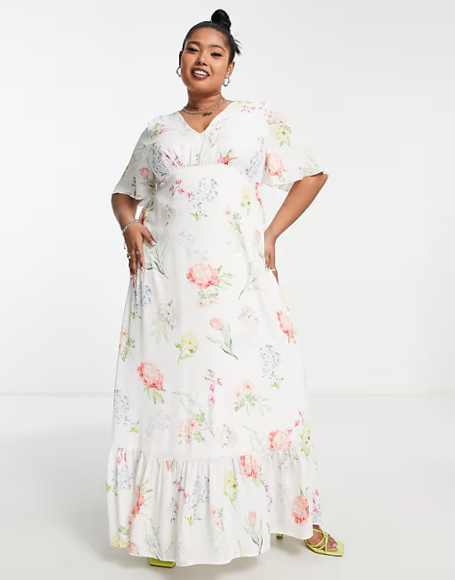 Twisted Wunder Plus flutter sleeve maxi tea dress in botanical floral | ASOS (Global)