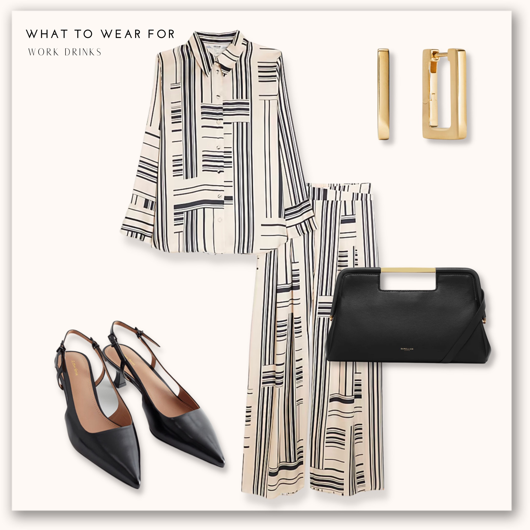 What to wear for work drinks 

Two piece set, stripe trousers, shirt, river island, sling back heels, demellier clutch bag, gold hoops, workwear, the office 

#LTKworkwear #LTKSeasonal #LTKstyletip