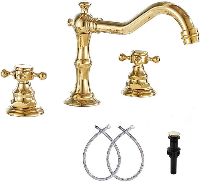 GGStudy 8-16 inch Two Handles 3 Holes Widespread Bathroom Sink Faucet Gold Basin Mixer Tap Faucet... | Amazon (US)