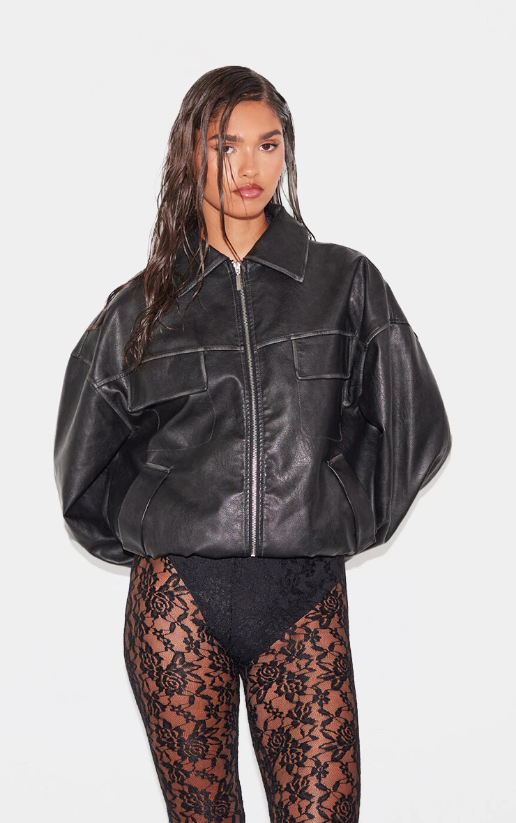 Black Worn Faux Leather Pocket Detail Oversized Longline Bomber Jacket | PrettyLittleThing UK