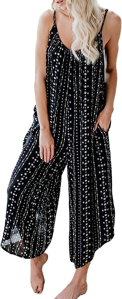 BLENCOT Womens Casual Sleeveless Strap Loose Adjustable Jumpsuits Stretchy Long Pants Romper with... | Amazon (US)