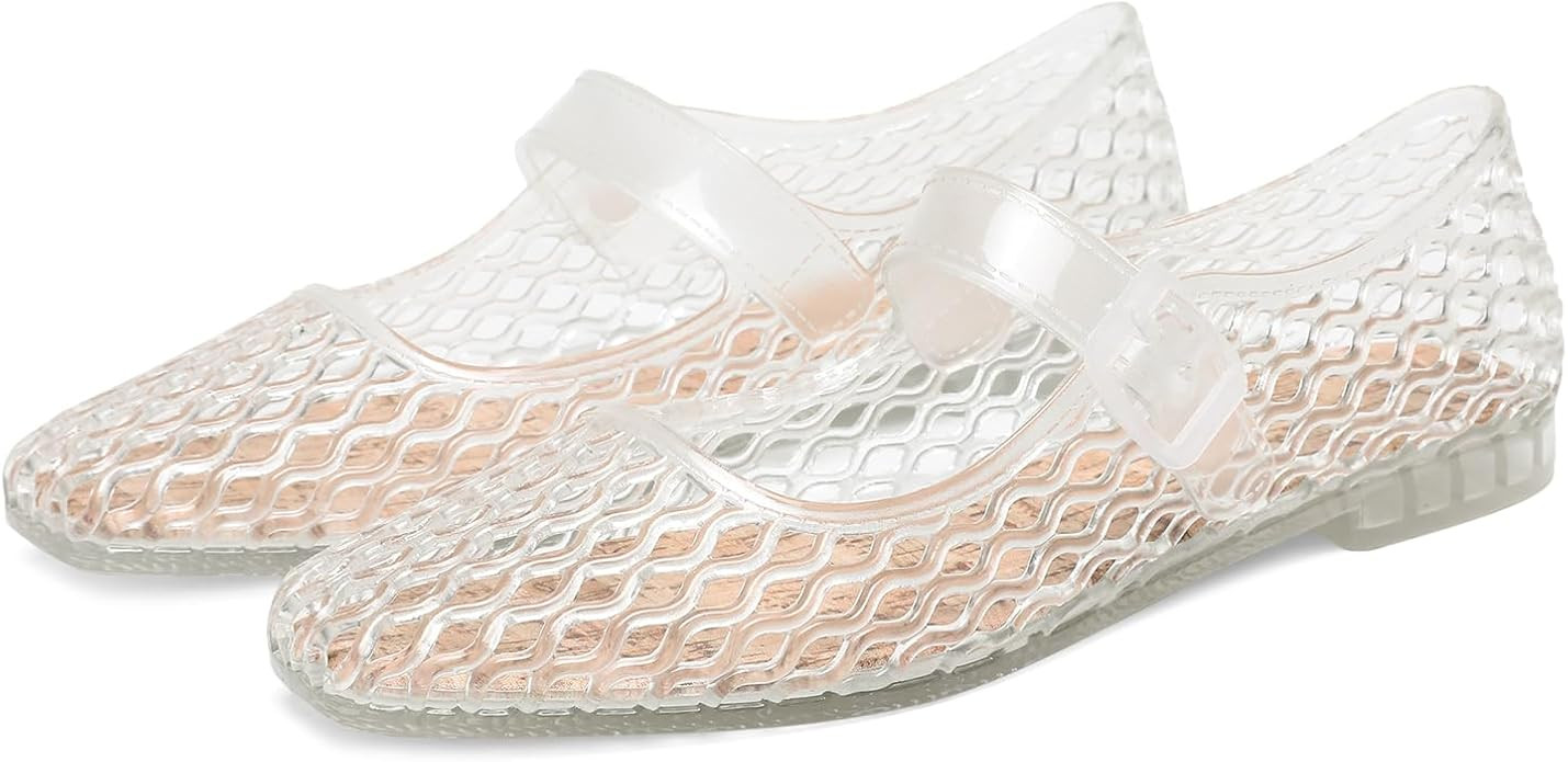Jelly Flat Shoes for Women Square Toe Mesh Ballet Flats Clear Beach Mary Jane Jellies Comfortbale... | Amazon (US)
