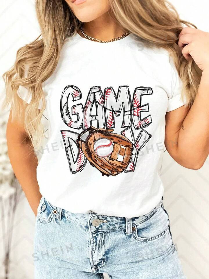 SHEIN LUNE Camiseta de verano para mujer con mangas cortas, cuello redondo, con impresión de bé... | SHEIN