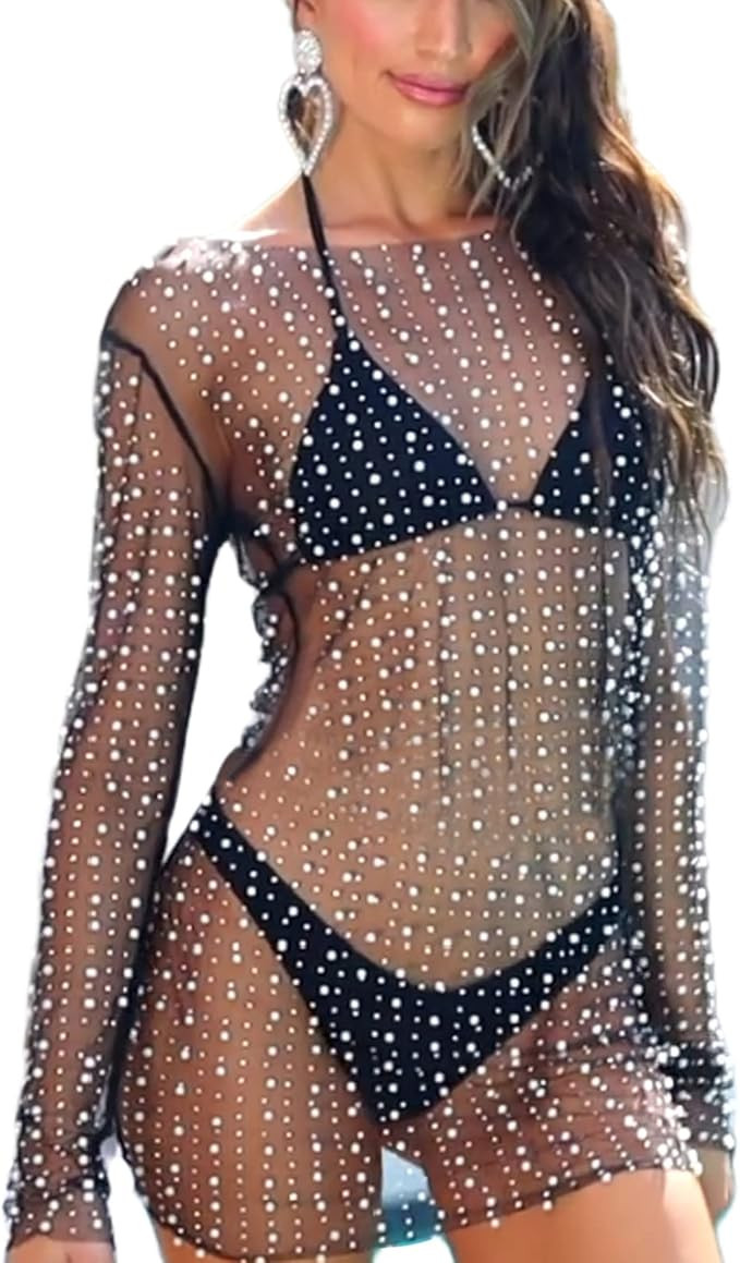 Honganda Sexy Women Sheer Pearl Cover Up Rhinestone Mesh Mini Dress Swimwear Bikini Bathing Suit ... | Amazon (US)