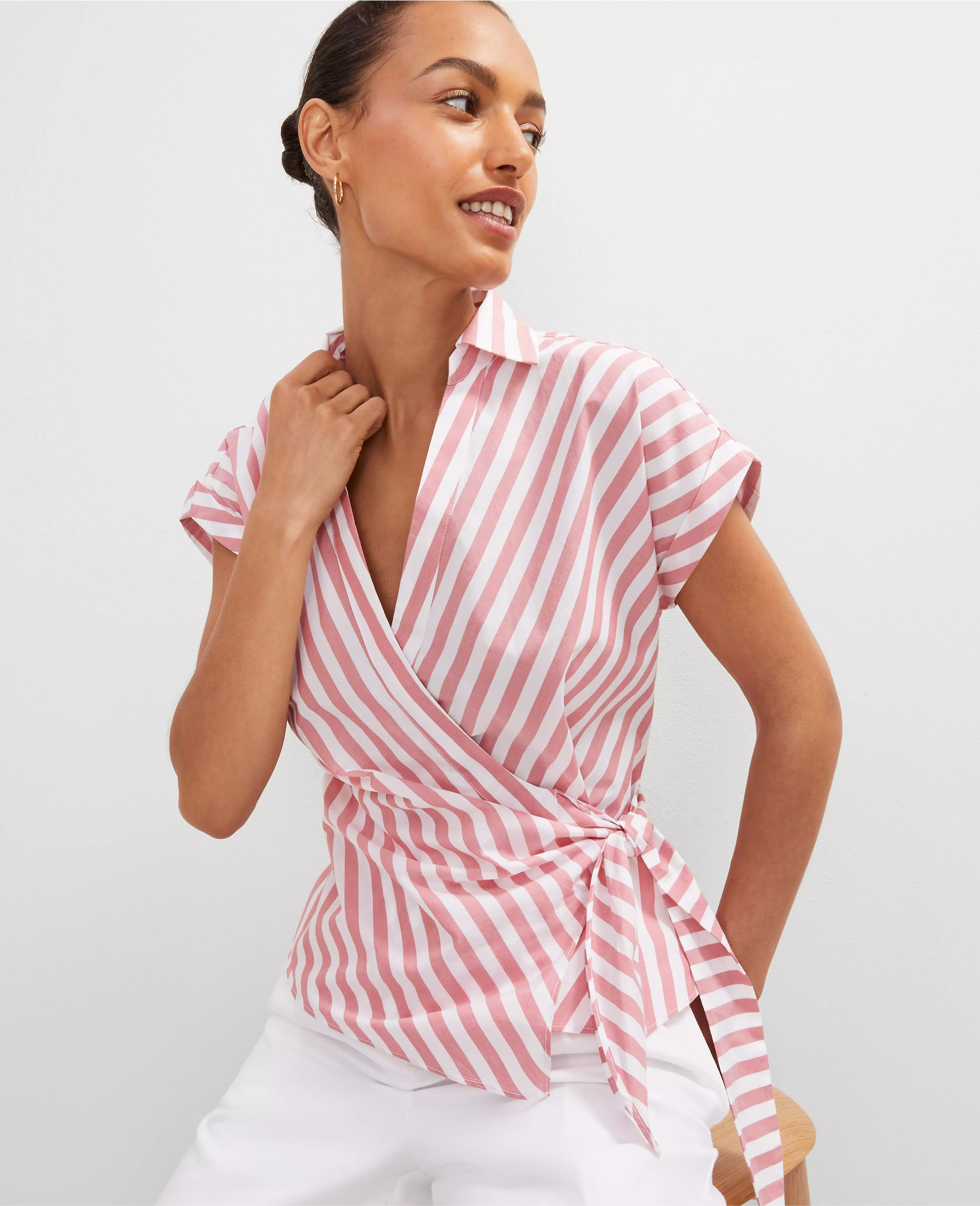 Striped Collared Tie Waist Top | Ann Taylor