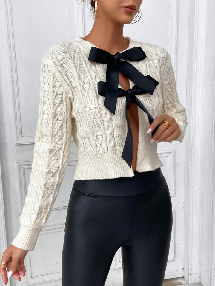 SHEIN Privé Bow Front Cable Knit Tie Front Cardigan | SHEIN