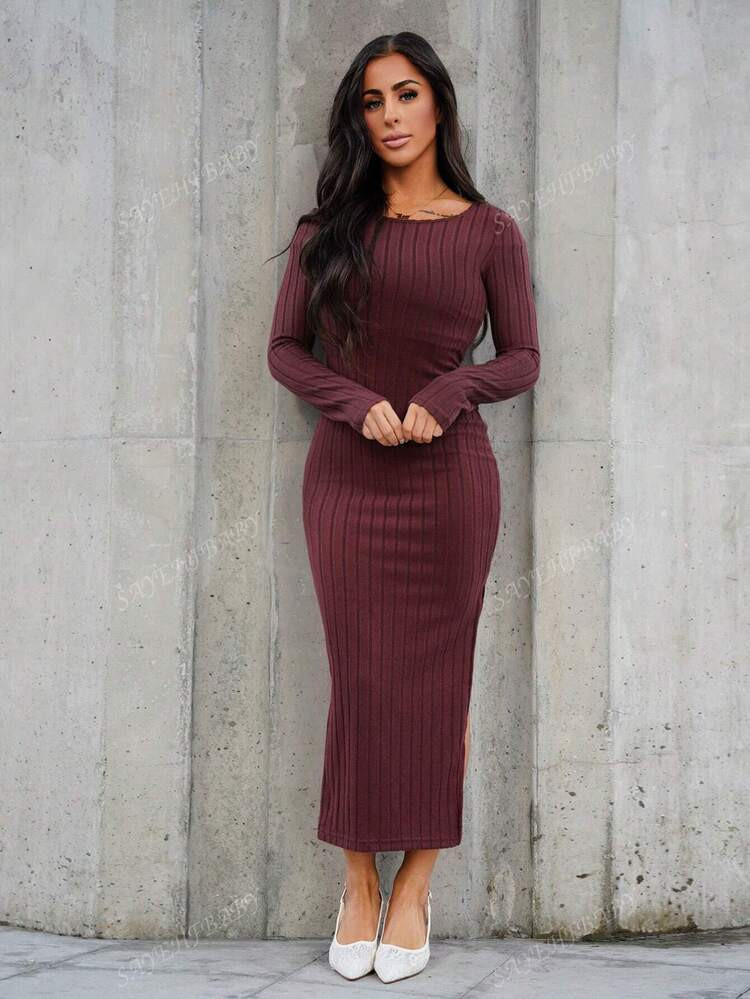 SAYEHFBABY Ladies' Ribbed Dress With Side Slit And Asymmetrical Hemline | SHEIN