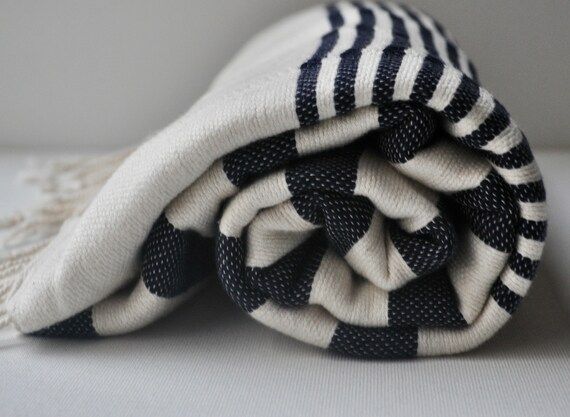 Turkish beach towel beach blanket genuine hand loomed in ivory background with deep dark blue stripe | Etsy (US)