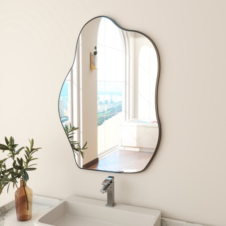 BEAUTYPEAK 26" x 38" Vanity Mirror Wall Wavy Mirror Bathroom Mirror Decor , Black | Walmart (US)